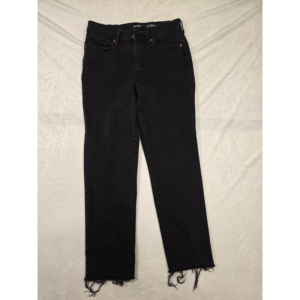 Old Navy Straight High-Rise Black Denim Frayed Hem Women's Jeans